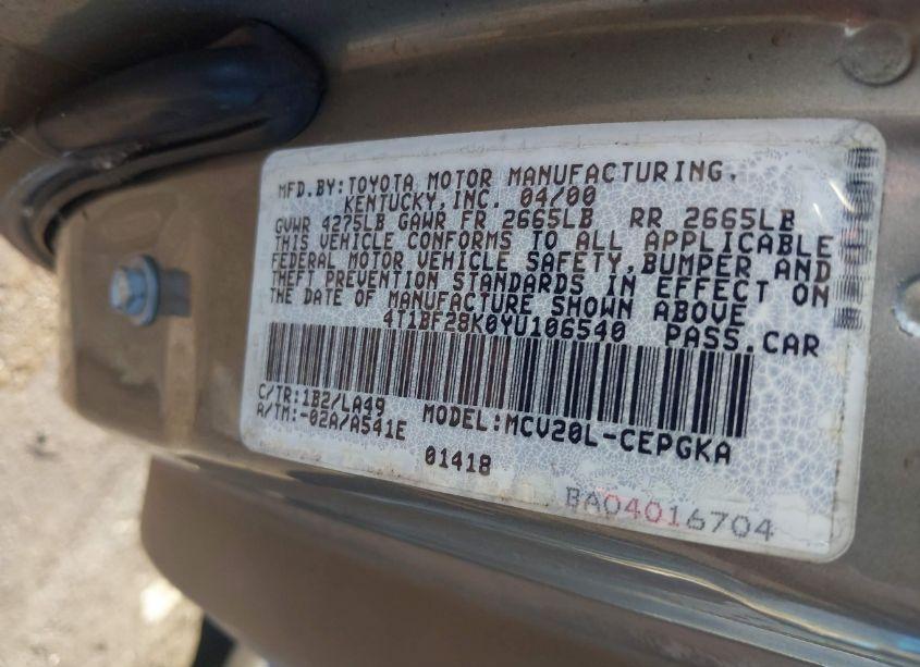 Photo 9 of 2000 Toyota Camry XLE V6 (VIN 4T1BF28K0YU106540)