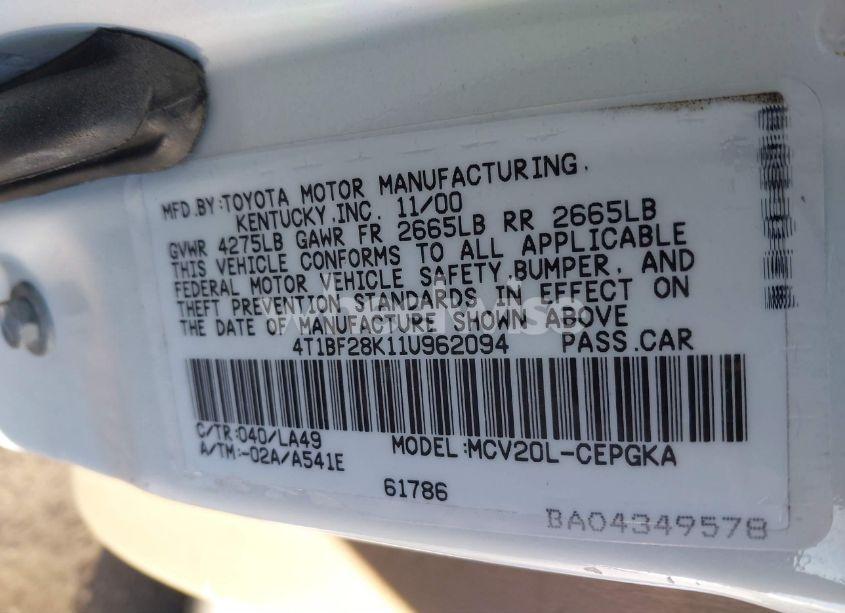 Photo 9 of 2001 Toyota Camry XLE V6 (VIN 4T1BF28K11U962094)