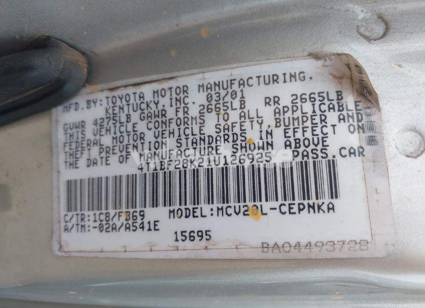 Photo 9 of 2001 Toyota Camry LE V6 (VIN 4T1BF28K21U126925)