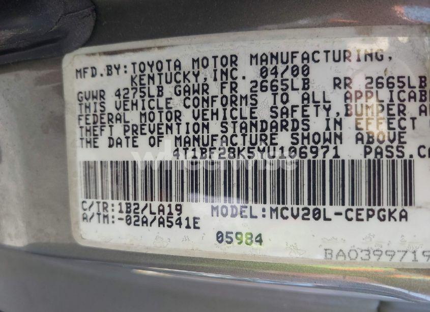 Photo 9 of 2000 Toyota Camry XLE V6 (VIN 4T1BF28K5YU106971)