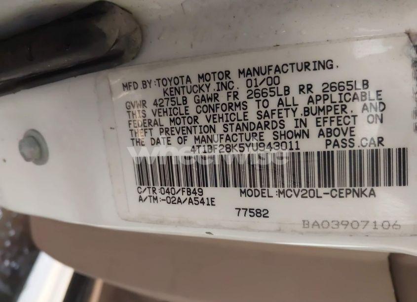 Photo 9 of 2000 Toyota Camry LE V6 (VIN 4T1BF28K5YU943011)