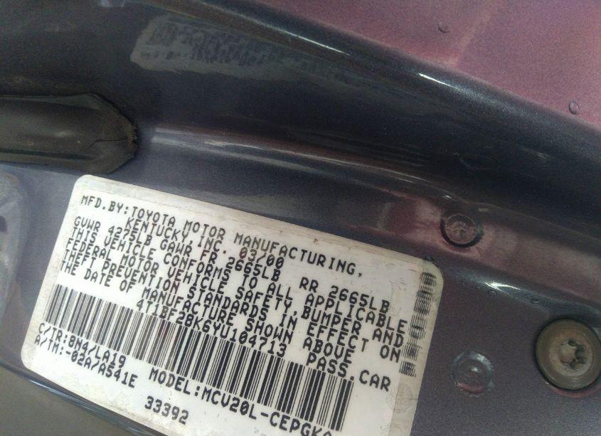 Photo 9 of 2000 Toyota Camry XLE V6 (VIN 4T1BF28K6YU104713)