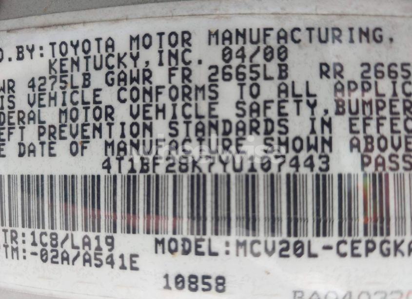Photo 9 of 2000 Toyota Camry XLE V6 (VIN 4T1BF28K7YU107443)