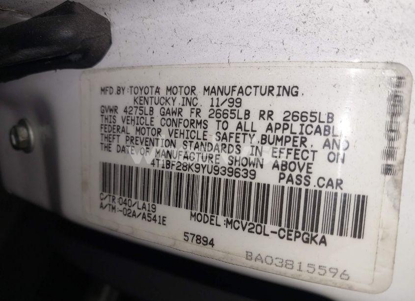 Photo 9 of 2000 Toyota Camry XLE V6 (VIN 4T1BF28K9YU939639)