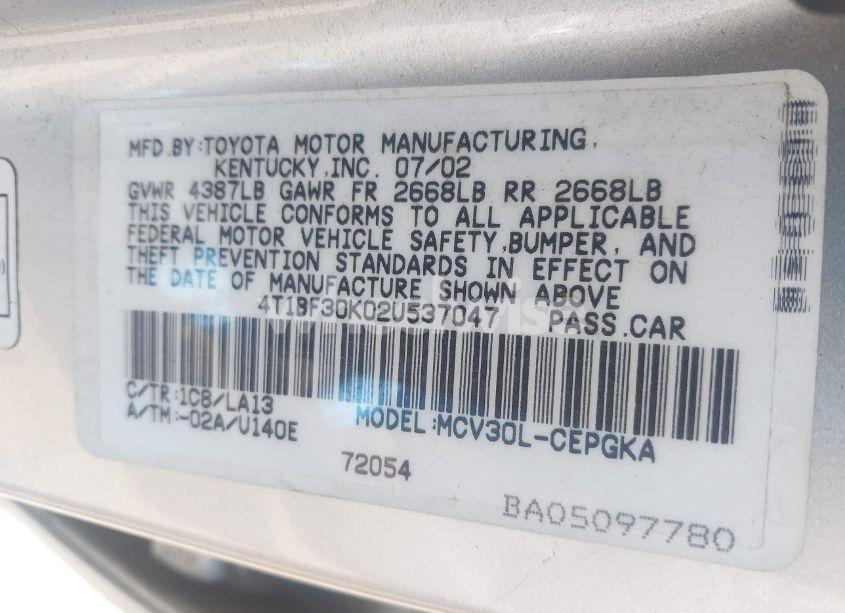 Photo 9 of 2002 Toyota Camry XLE V6 (VIN 4T1BF30K02U537047)