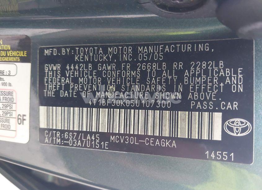 Photo 9 of 2005 Toyota Camry XLE V6 (VIN 4T1BF30K05U107300)