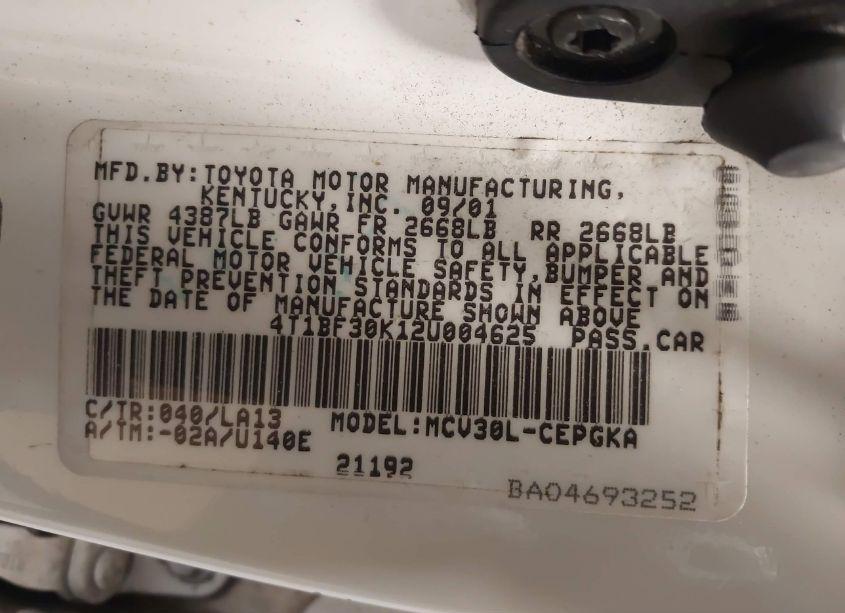 Photo 9 of 2002 Toyota Camry XLE V6 (VIN 4T1BF30K12U004625)