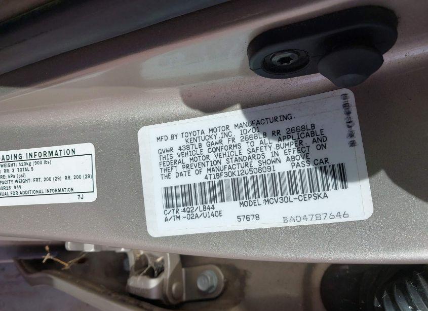 Photo 9 of 2002 Toyota Camry SE V6 (VIN 4T1BF30K12U508091)