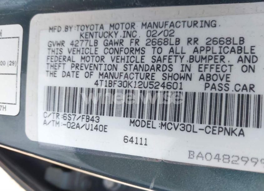 Photo 9 of 2002 Toyota Camry LE V6 (VIN 4T1BF30K12U524601)