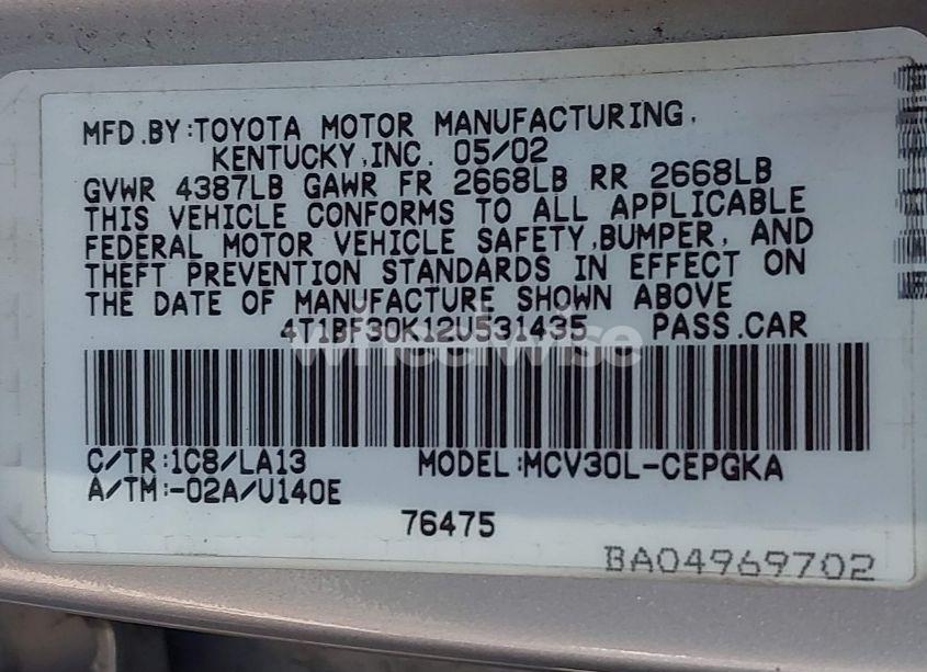 Photo 9 of 2002 Toyota Camry XLE V6 (VIN 4T1BF30K12U531435)