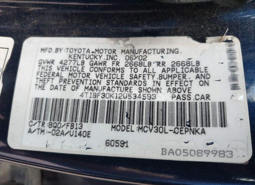 Photo 9 of 2002 Toyota Camry LE V6 (VIN 4T1BF30K12U534593)