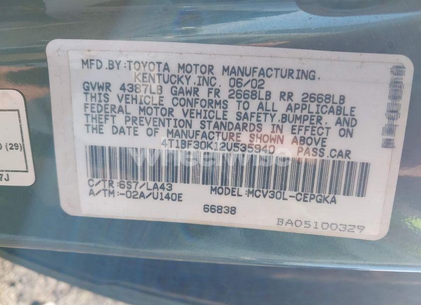 Photo 9 of 2002 Toyota Camry XLE V6 (VIN 4T1BF30K12U535940)