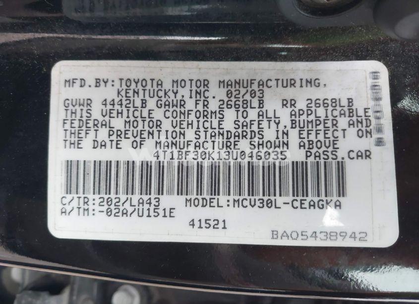 Photo 9 of 2003 Toyota Camry XLE V6 (VIN 4T1BF30K13U046035)