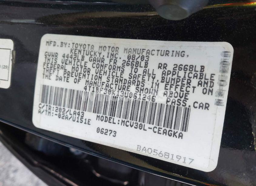 Photo 9 of 2003 Toyota Camry XLE V6 (VIN 4T1BF30K13U061246)