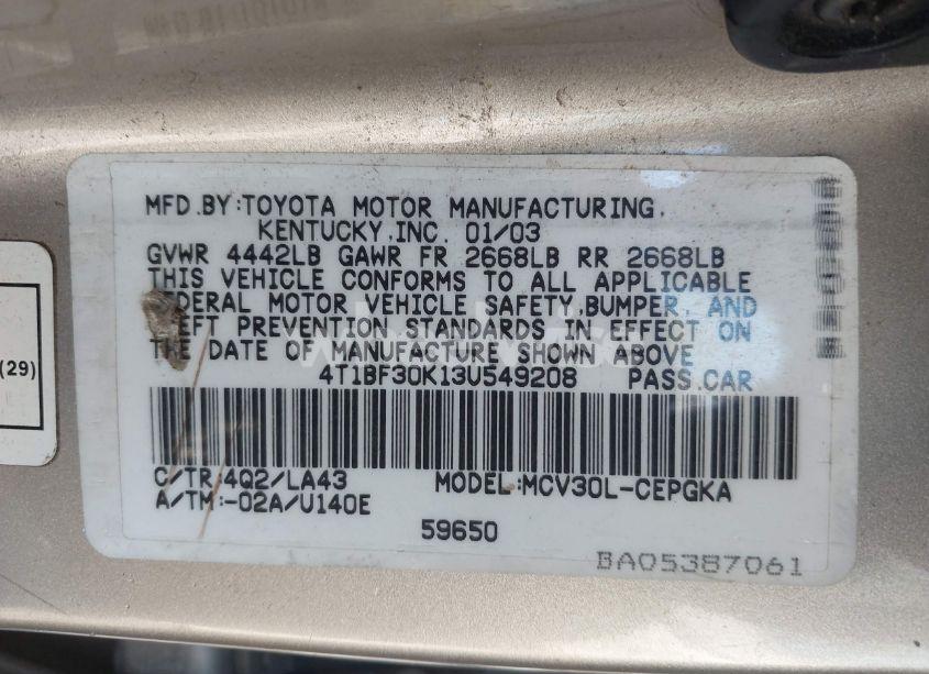 Photo 9 of 2003 Toyota Camry XLE V6 (VIN 4T1BF30K13U549208)