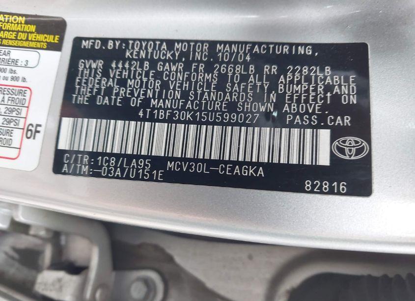 Photo 9 of 2005 Toyota Camry XLE V6 (VIN 4T1BF30K15U599027)