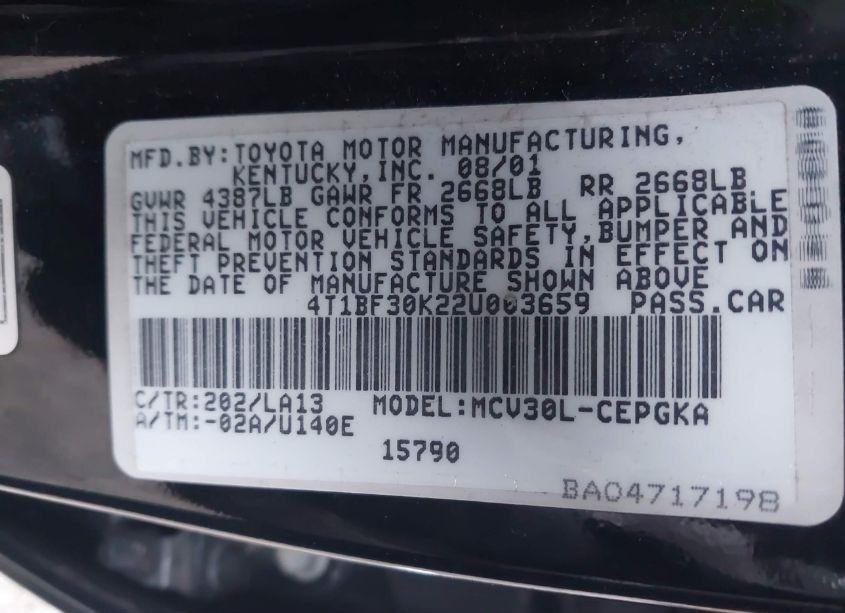 Photo 9 of 2002 Toyota Camry XLE V6 (VIN 4T1BF30K22U003659)
