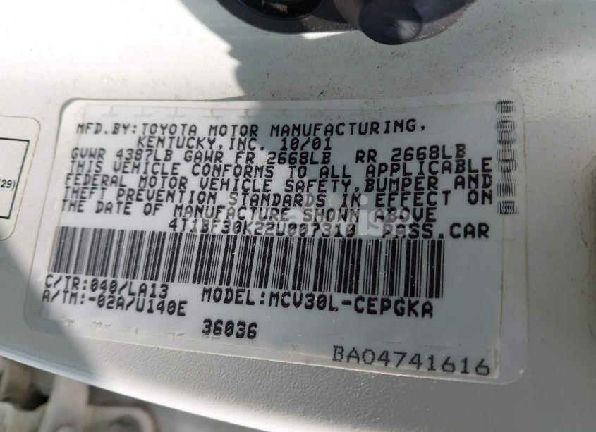 Photo 9 of 2002 Toyota Camry XLE V6 (VIN 4T1BF30K22U007310)