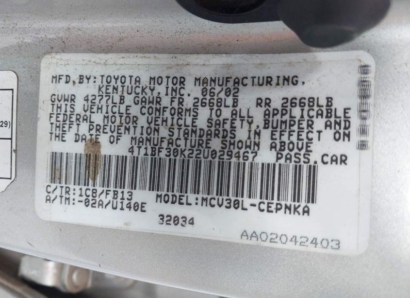 Photo 9 of 2002 Toyota Camry LE V6 (VIN 4T1BF30K22U029467)