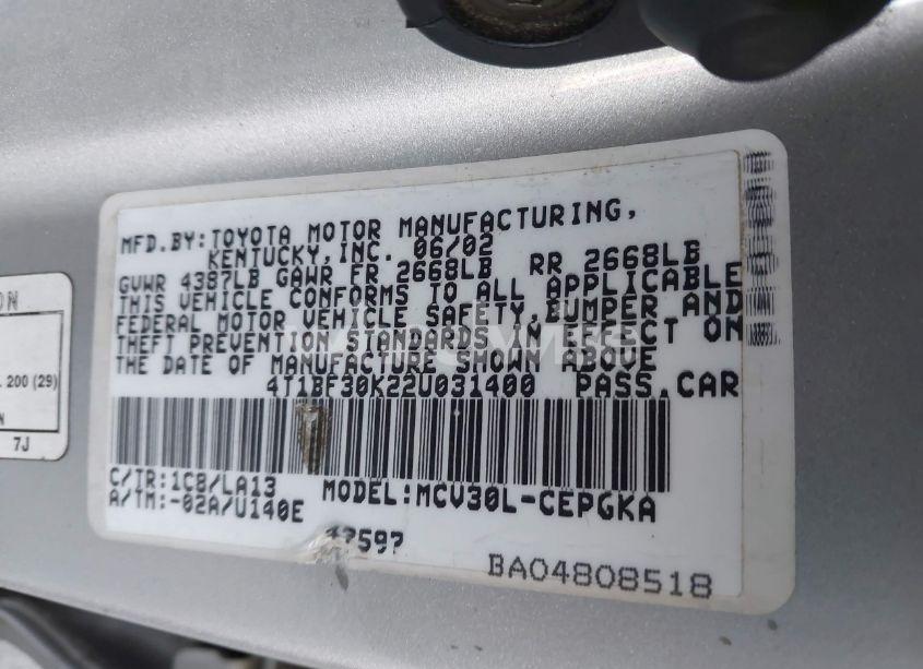 Photo 9 of 2002 Toyota Camry XLE V6 (VIN 4T1BF30K22U031400)