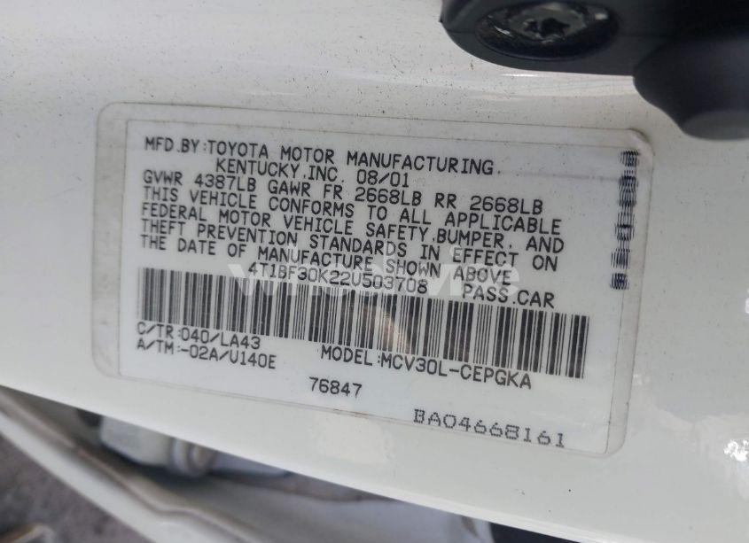 Photo 9 of 2002 Toyota Camry XLE V6 (VIN 4T1BF30K22U503708)