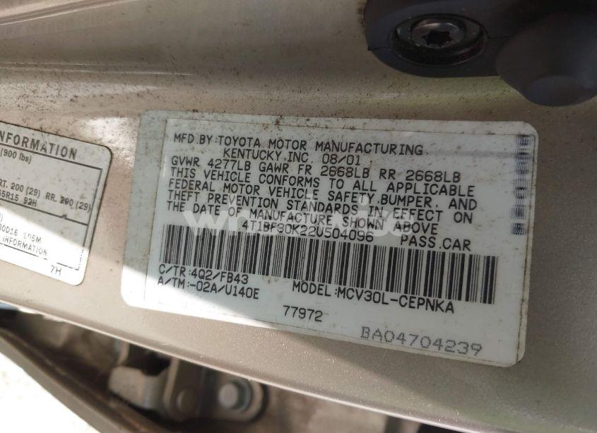 Photo 9 of 2002 Toyota Camry LE V6 (VIN 4T1BF30K22U504096)