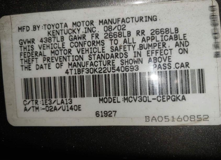 Photo 9 of 2002 Toyota Camry XLE V6 (VIN 4T1BF30K22U540693)