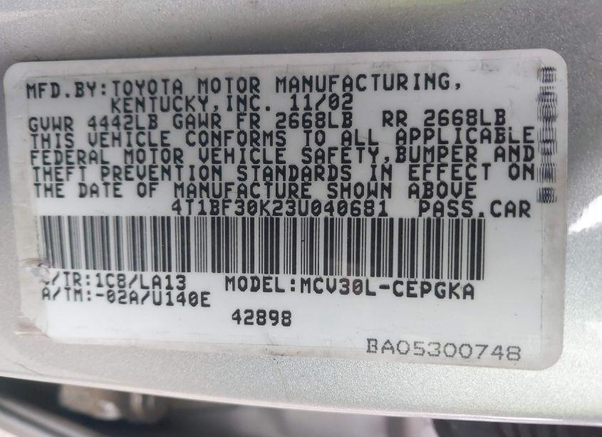 Photo 9 of 2003 Toyota Camry XLE V6 (VIN 4T1BF30K23U040681)