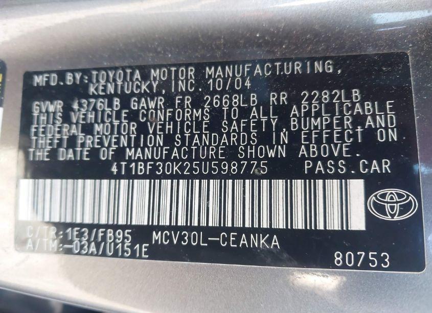 Photo 9 of 2005 Toyota Camry LE V6 (VIN 4T1BF30K25U598775)