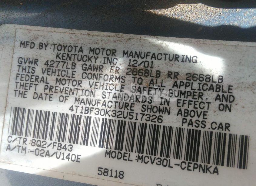 Photo 9 of 2002 Toyota Camry LE V6/SE V6/XLE V6 (VIN 4T1BF30K32U517326)