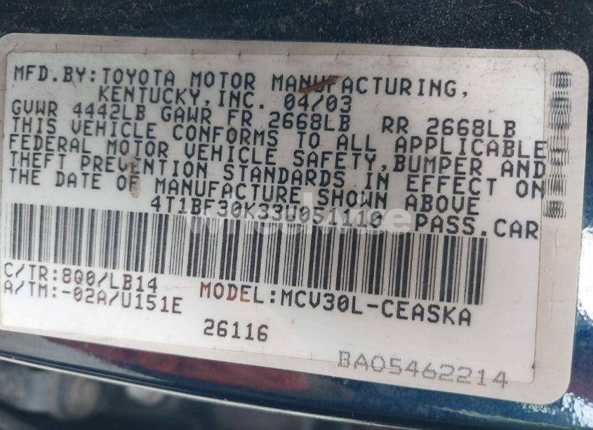 Photo 9 of 2003 Toyota Camry SE V6 (VIN 4T1BF30K33U051110)