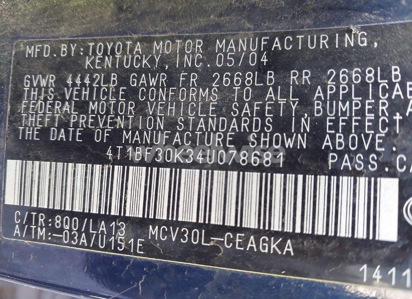 Photo 9 of 2004 Toyota Camry XLE V6 (VIN 4T1BF30K34U078681)