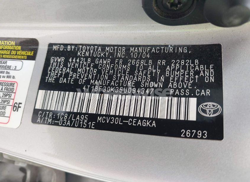 Photo 9 of 2005 Toyota Camry LE V6/XLE V6 (VIN 4T1BF30K35U094347)