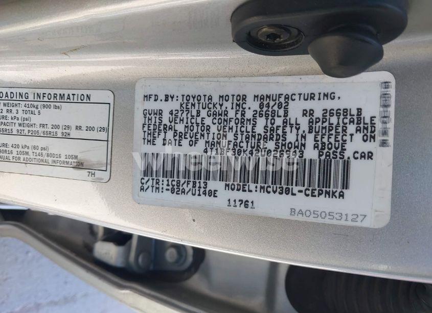 Photo 9 of 2002 Toyota Camry LE V6 (VIN 4T1BF30K42U026943)