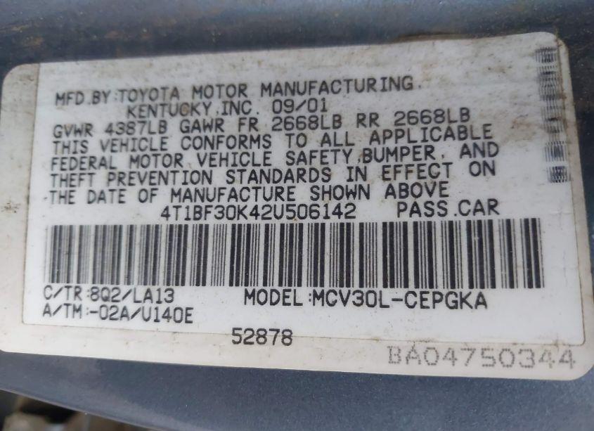 Photo 9 of 2002 Toyota Camry XLE V6 (VIN 4T1BF30K42U506142)