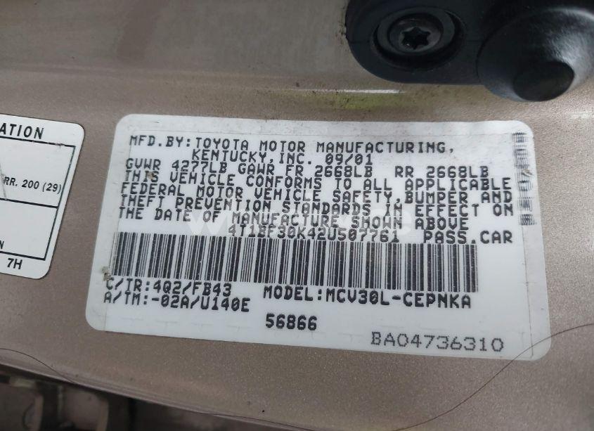 Photo 9 of 2002 Toyota Camry LE V6 (VIN 4T1BF30K42U507761)