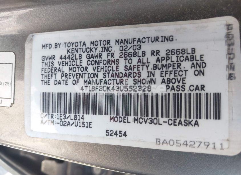 Photo 9 of 2003 Toyota Camry SE V6 (VIN 4T1BF30K43U552328)