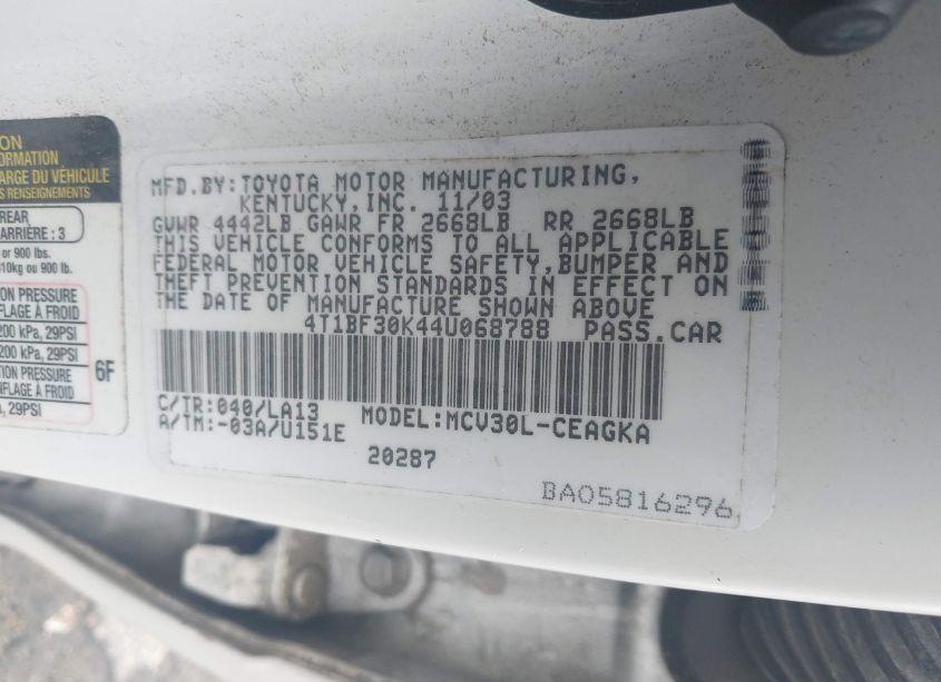 Photo 9 of 2004 Toyota Camry XLE V6 (VIN 4T1BF30K44U068788)