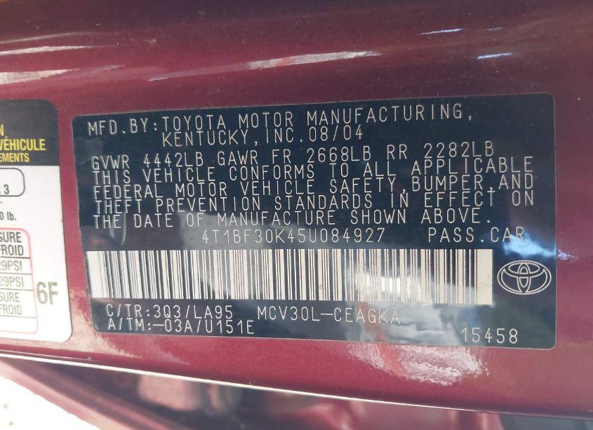 Photo 9 of 2005 Toyota Camry XLE V6 (VIN 4T1BF30K45U084927)