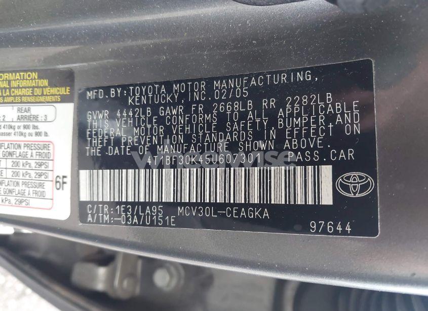 Photo 9 of 2005 Toyota Camry XLE V6 (VIN 4T1BF30K45U607301)