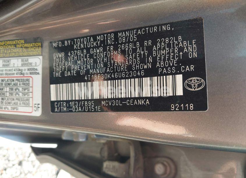 Photo 9 of 2006 Toyota Camry LE V6/XLE V6 (VIN 4T1BF30K46U623046)