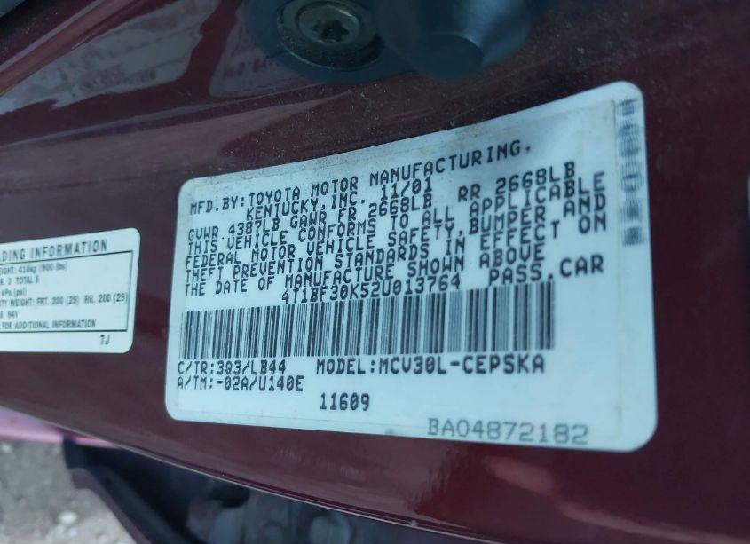 Photo 9 of 2002 Toyota Camry SE V6 (VIN 4T1BF30K52U013764)