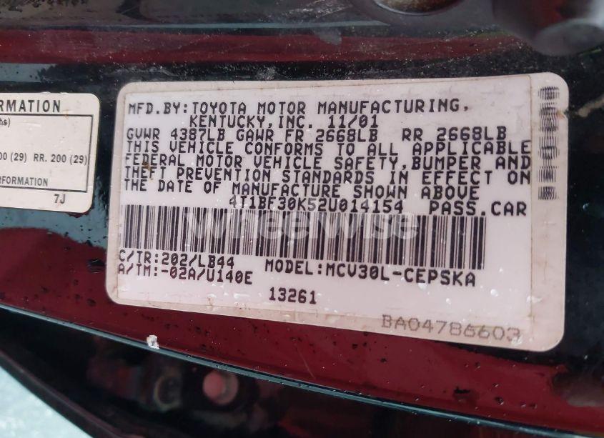 Photo 9 of 2002 Toyota Camry LE V6/SE V6/XLE V6 (VIN 4T1BF30K52U014154)