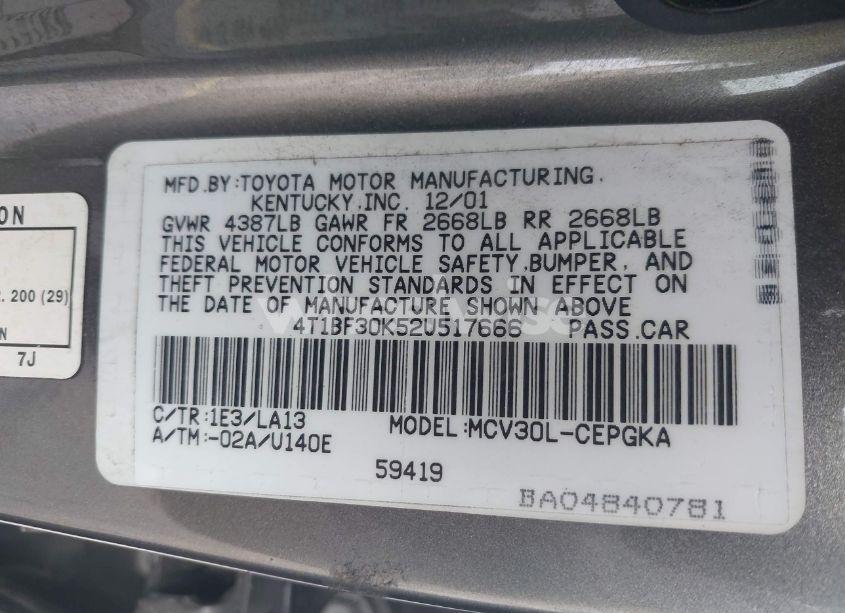 Photo 9 of 2002 Toyota Camry XLE V6 (VIN 4T1BF30K52U517666)