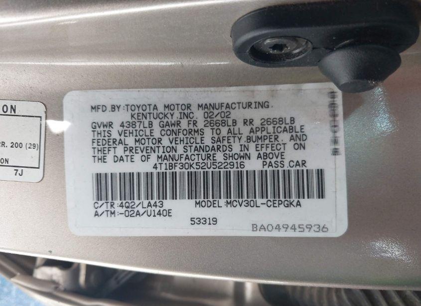 Photo 9 of 2002 Toyota Camry XLE V6 (VIN 4T1BF30K52U522916)