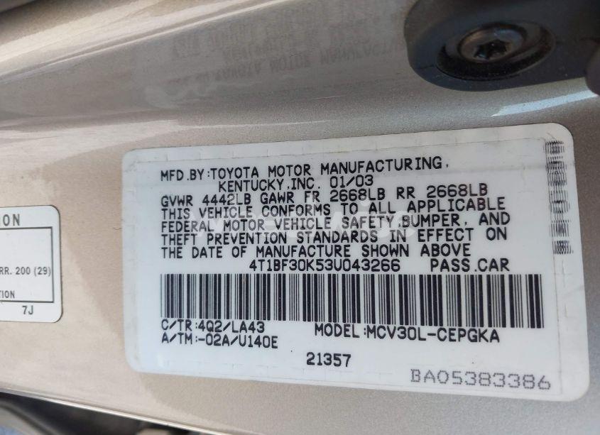 Photo 9 of 2003 Toyota Camry XLE V6 (VIN 4T1BF30K53U043266)