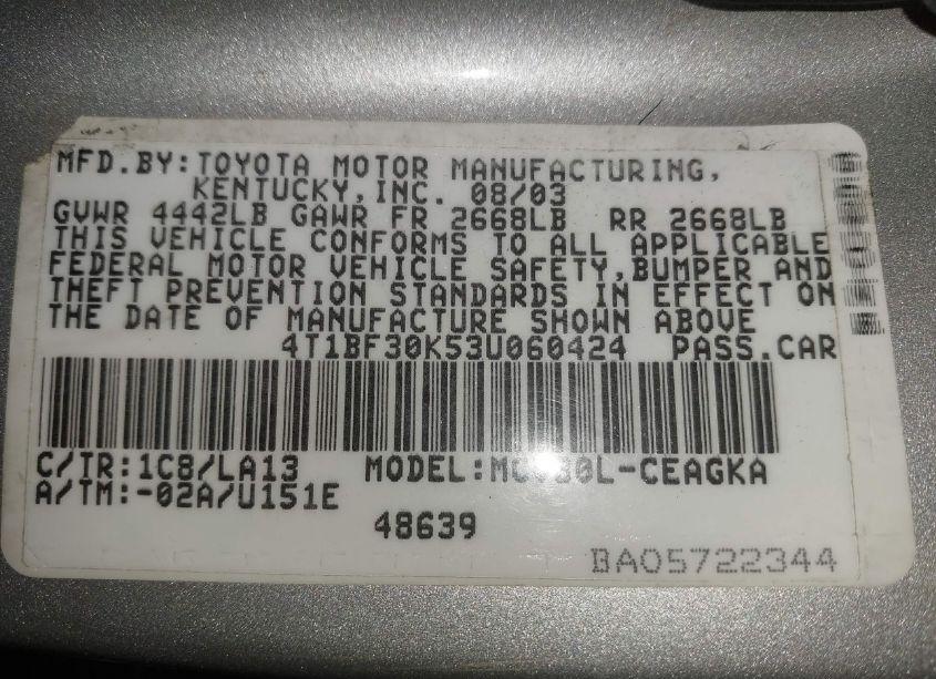 Photo 9 of 2003 Toyota Camry XLE V6 (VIN 4T1BF30K53U060424)