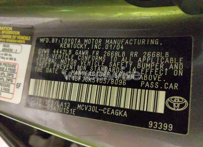 Photo 9 of 2004 Toyota Camry XLE V6 (VIN 4T1BF30K54U578096)