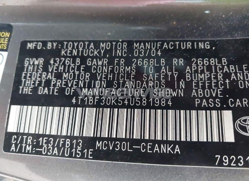 Photo 9 of 2004 Toyota Camry LE V6 (VIN 4T1BF30K54U581984)