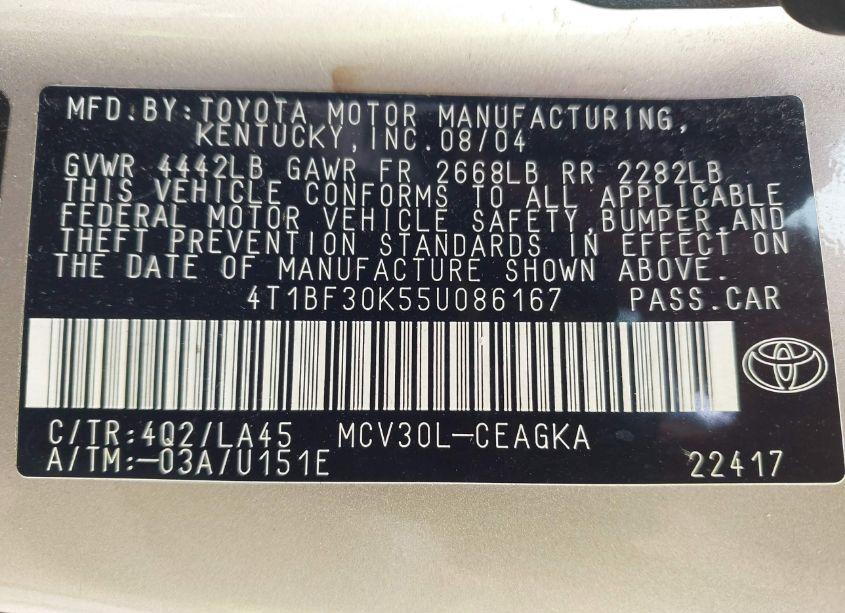 Photo 9 of 2005 Toyota Camry XLE V6 (VIN 4T1BF30K55U086167)